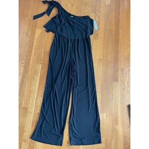 Emma And Michelle‎ Jumpsuit Womens Size Large Black One Shoulder Wide Leg Romper